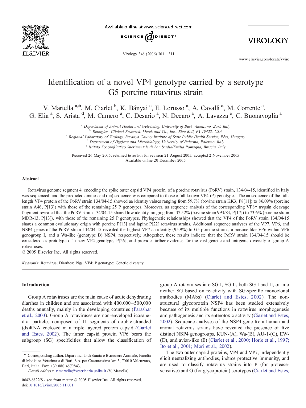 Identification of a novel VP4 genotype carried by a serotype G5 porcine rotavirus strain