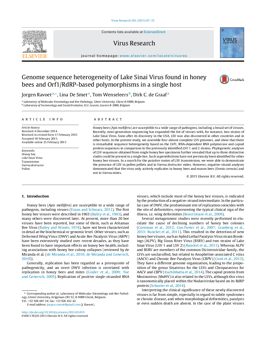 Genome sequence heterogeneity of Lake Sinai Virus found in honey bees and Orf1/RdRP-based polymorphisms in a single host