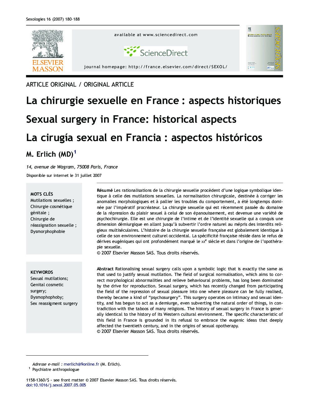 La chirurgie sexuelle en France : aspects historiques