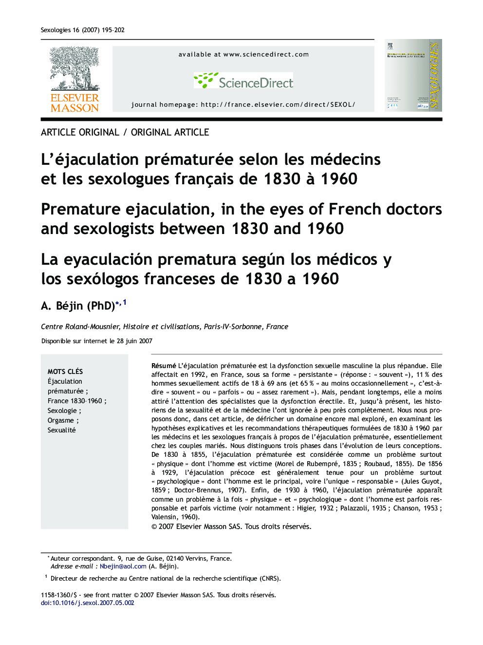 L'éjaculation prématurée selon les médecins et les sexologues français de 1830 à 1960