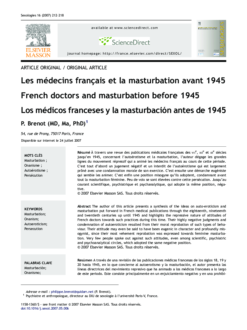 Les médecins français et la masturbation avant 1945