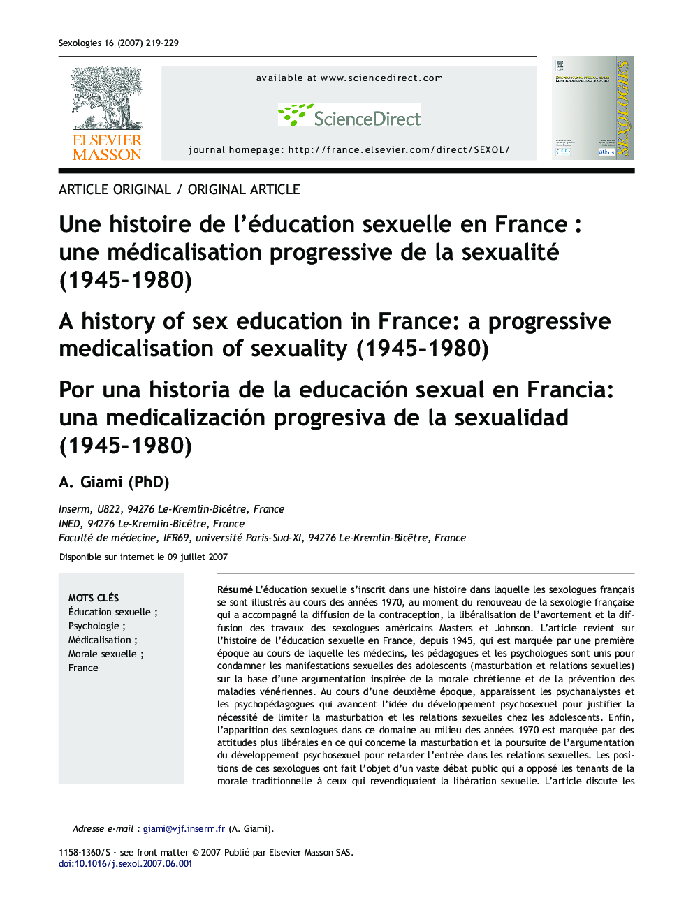 Une histoire de l'éducation sexuelle en France : une médicalisation progressive de la sexualité (1945–1980)