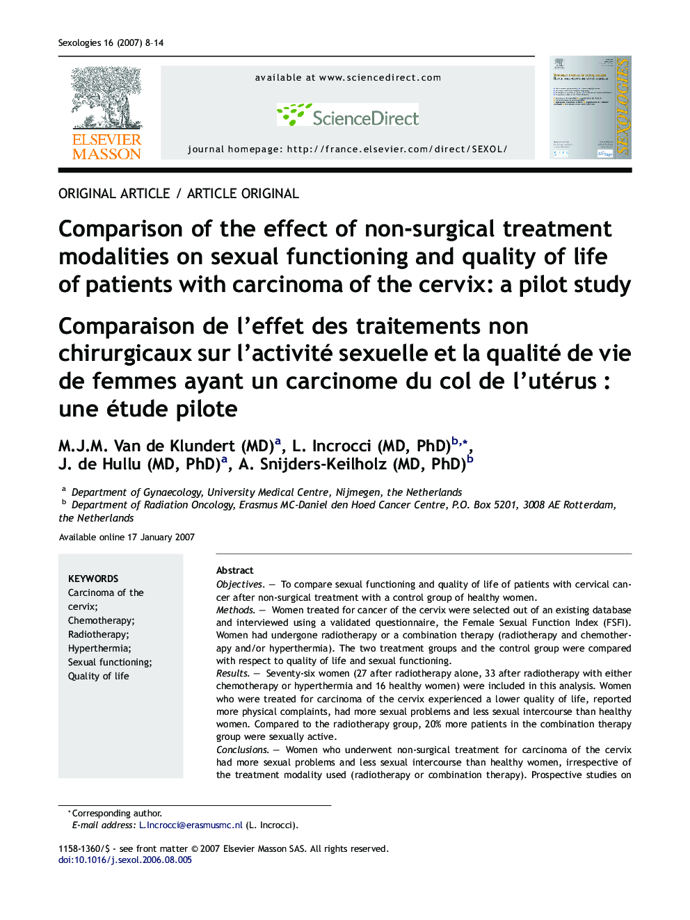 Comparison of the effect of non-surgical treatment modalities on sexual functioning and quality of life of patients with carcinoma of the cervix: a pilot study