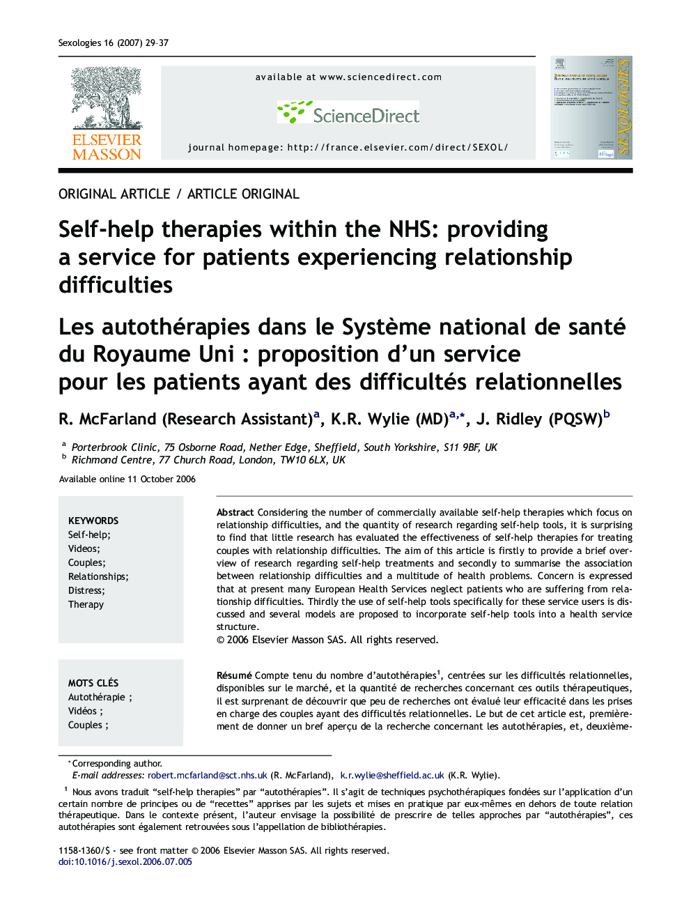 Self-help therapies within the NHS: providing a service for patients experiencing relationship difficulties