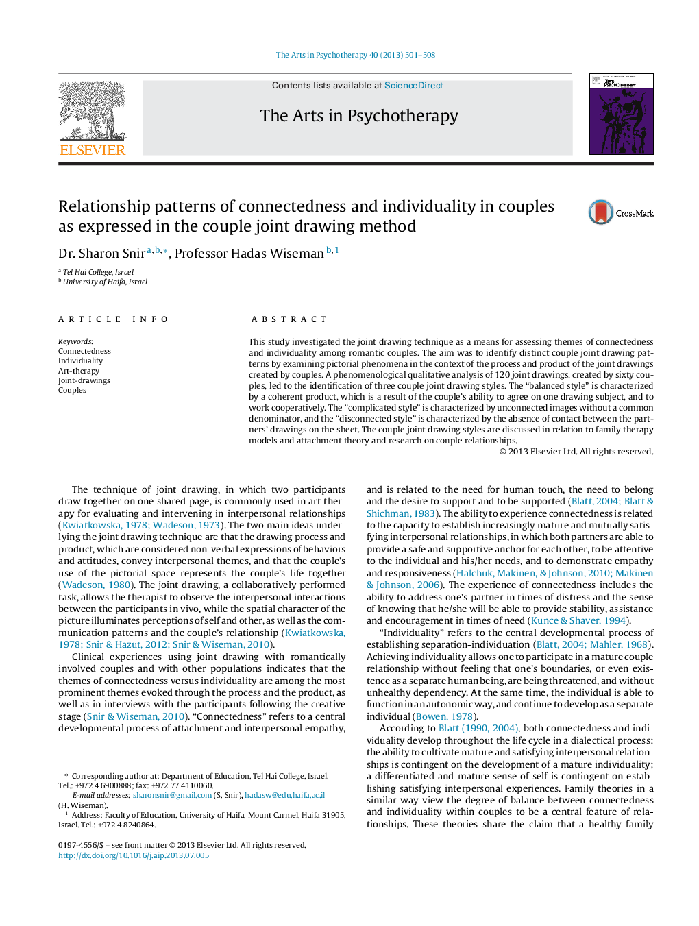 Relationship patterns of connectedness and individuality in couples as expressed in the couple joint drawing method