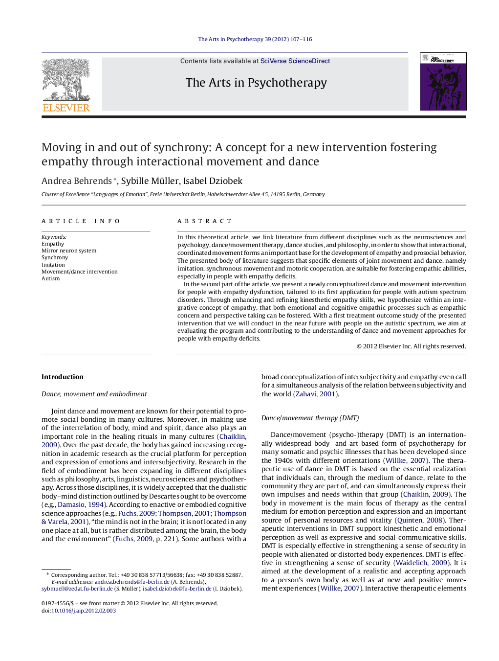 Moving in and out of synchrony: A concept for a new intervention fostering empathy through interactional movement and dance