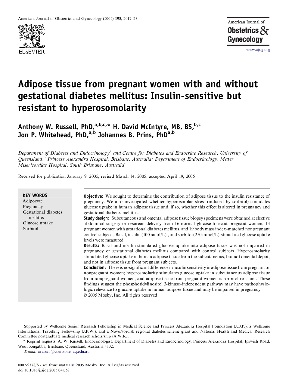 بافت چربی از زنان باردار با و بدون دیابت بارداری: حساسیت به انسولین اما مقاوم در برابر hyperosomolarity