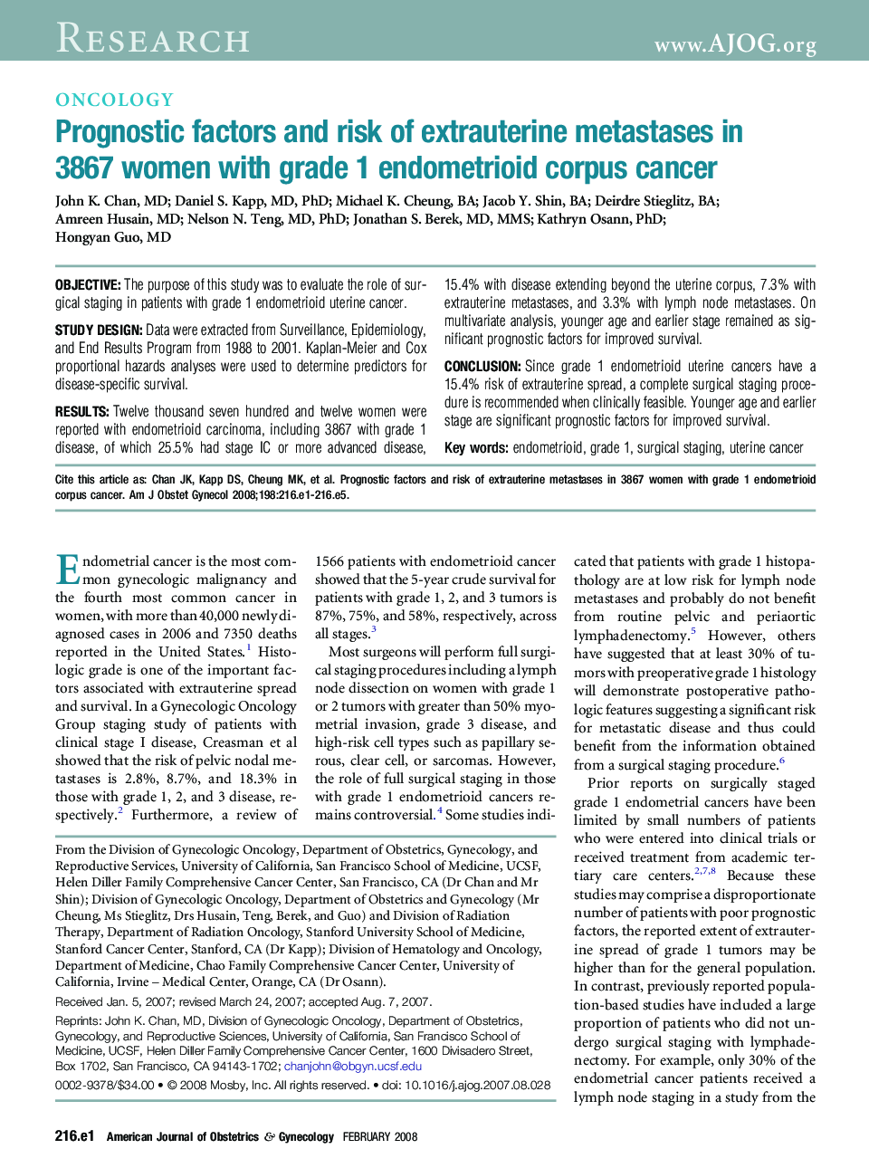 Prognostic factors and risk of extrauterine metastases in 3867 women with grade 1 endometrioid corpus cancer