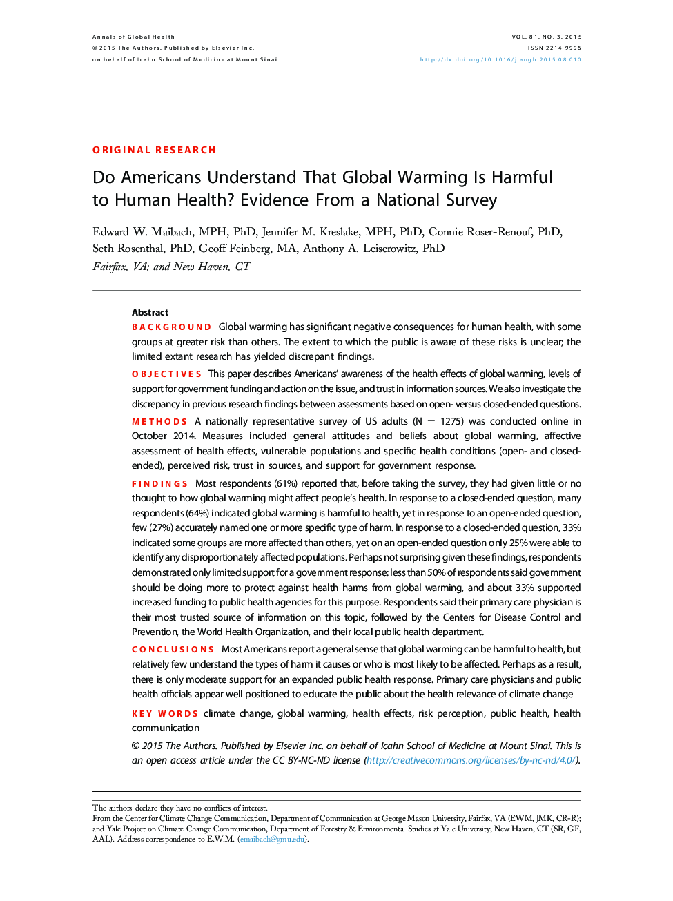 آیا آمریکایی ها درک می کنند که گرمایش جهانی برای سلامت انسان خطرناک است؟ شواهد از یک نظرسنجی ملی 