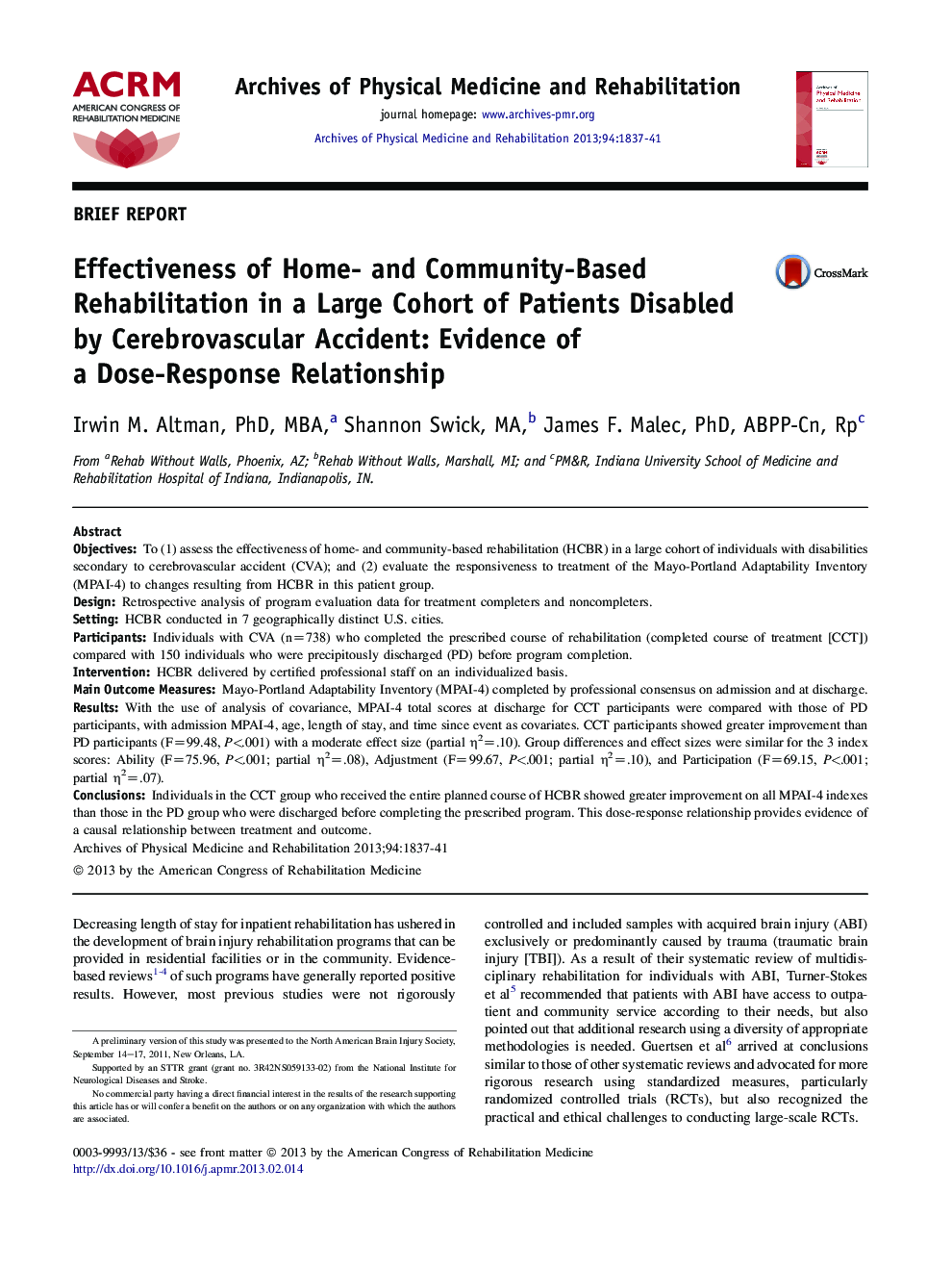 Effectiveness of Home- and Community-Based Rehabilitation in a Large Cohort of Patients Disabled by Cerebrovascular Accident: Evidence of a Dose-Response Relationship 