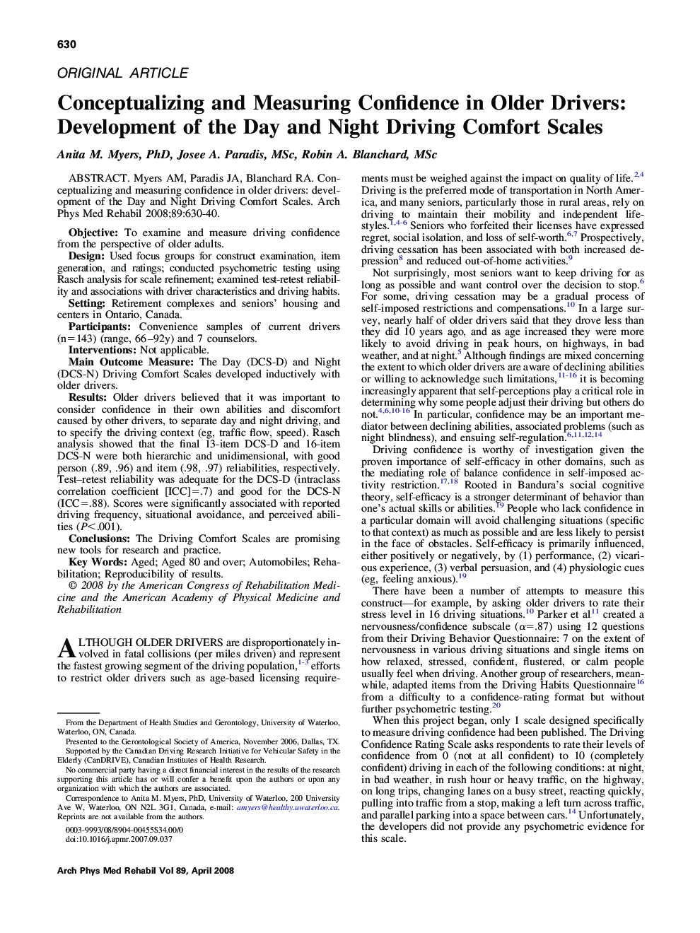 Conceptualizing and Measuring Confidence in Older Drivers: Development of the Day and Night Driving Comfort Scales 