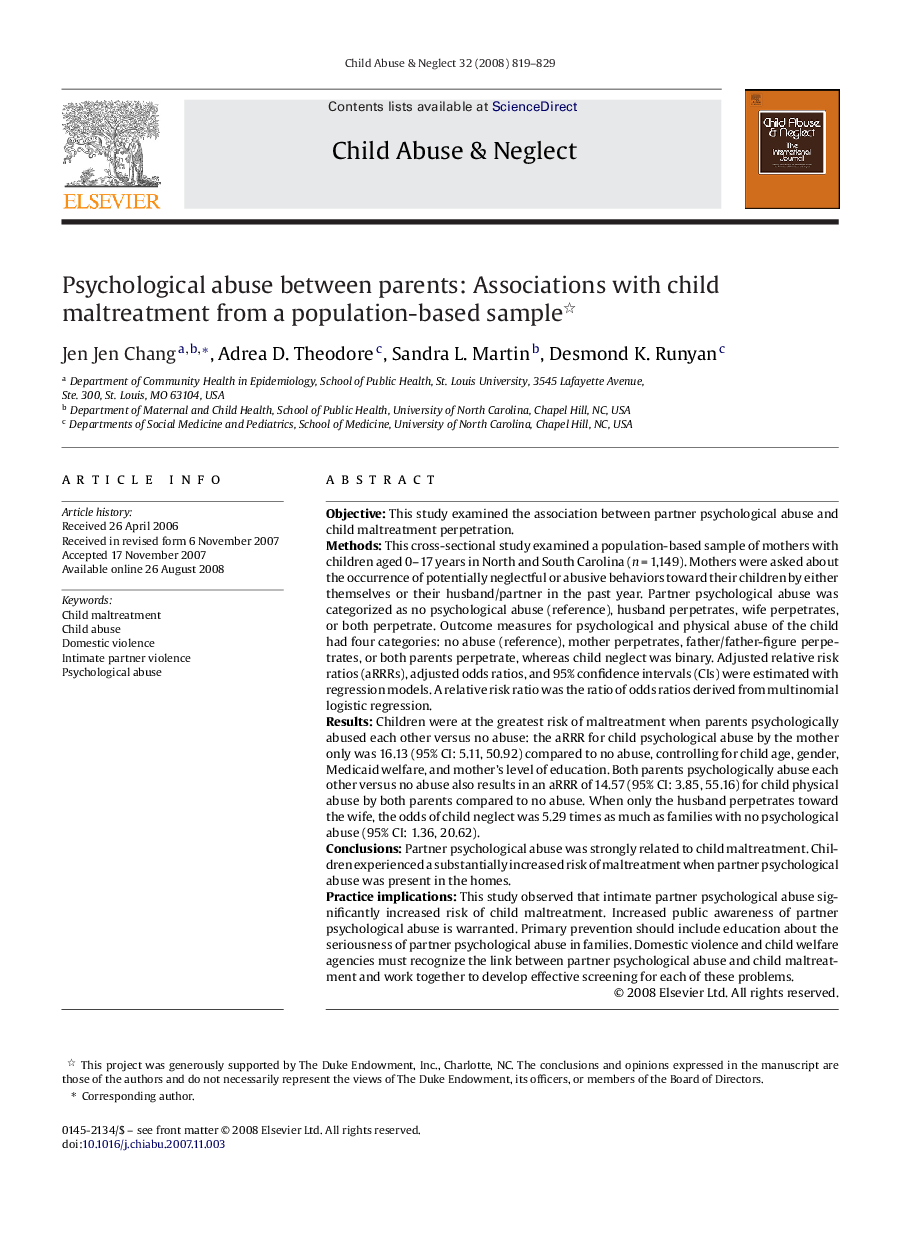 Psychological abuse between parents: Associations with child maltreatment from a population-based sample 