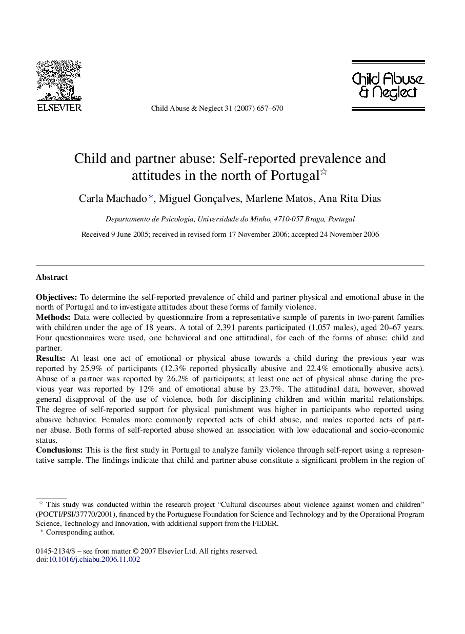 Child and partner abuse: Self-reported prevalence and attitudes in the north of Portugal 