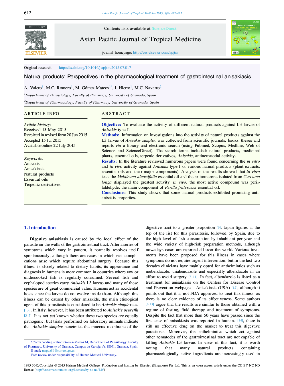 Natural products: Perspectives in the pharmacological treatment of gastrointestinal anisakiasis 