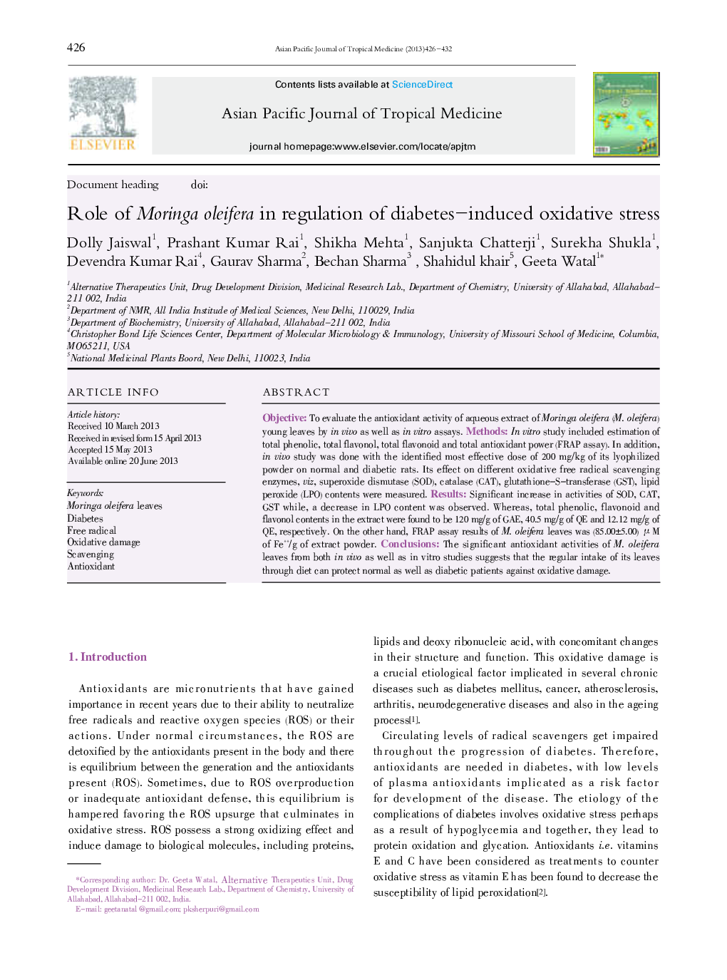 Role of Moringa oleifera in regulation of diabetes-induced oxidative stress 
