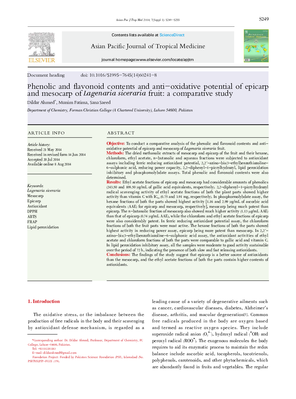 Phenolic and flavonoid contents and anti-oxidative potential of epicarp and mesocarp of Lagenaria siceraria fruit: a comparative study 
