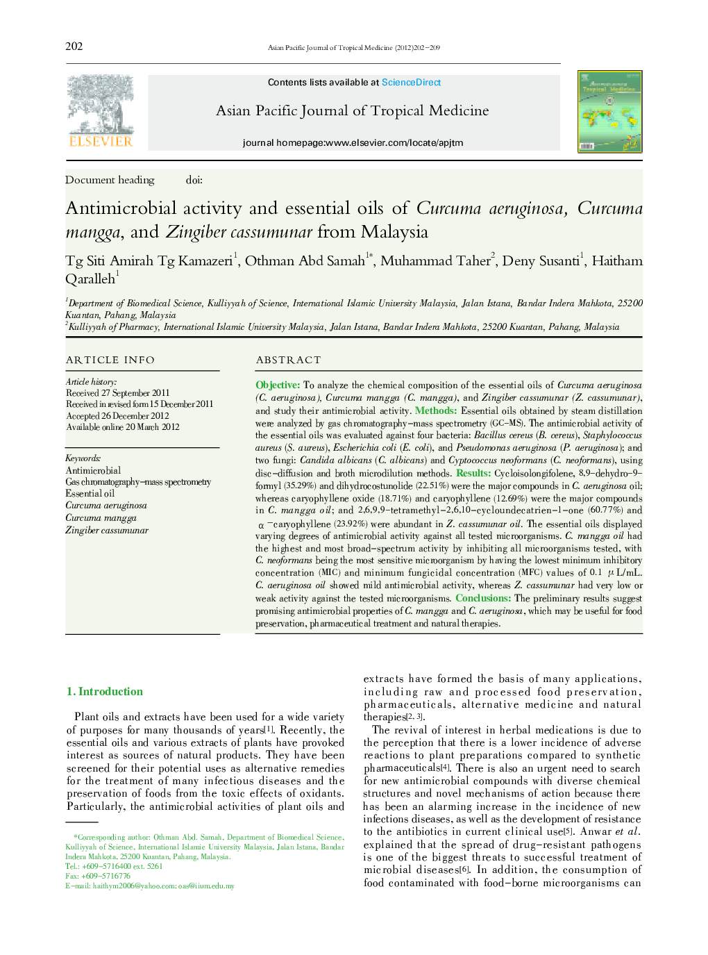 Antimicrobial activity and essential oils of Curcuma aeruginosa, Curcuma mangga, and Zingiber cassumunar from Malaysia 