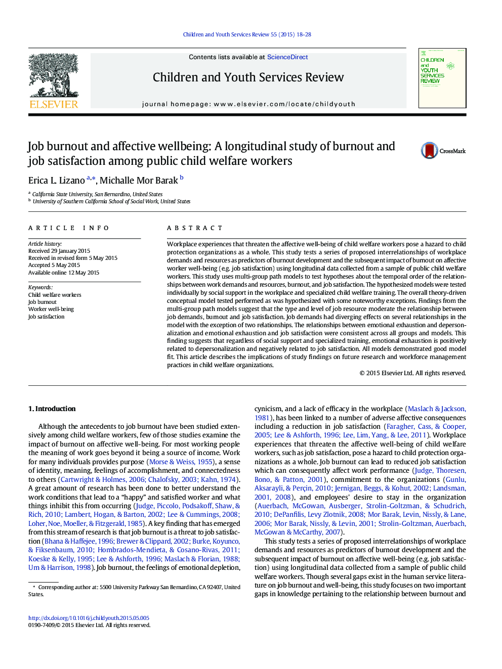 فرسودگی شغلی و سلامت عاطفی: یک مطالعه طولی فرسودگی شغلی و رضایت شغلی در میان کارکنان رفاهی کودکان 