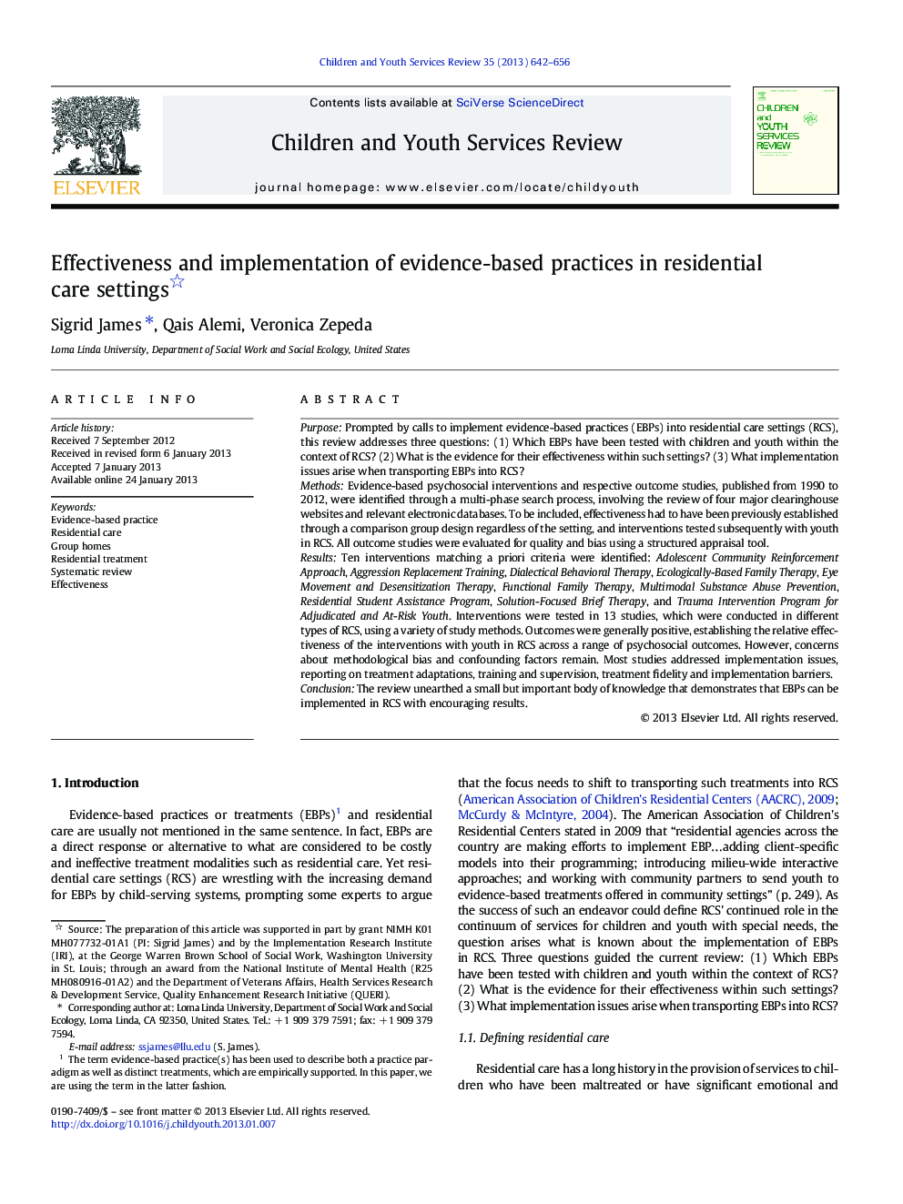 Effectiveness and implementation of evidence-based practices in residential care settings 