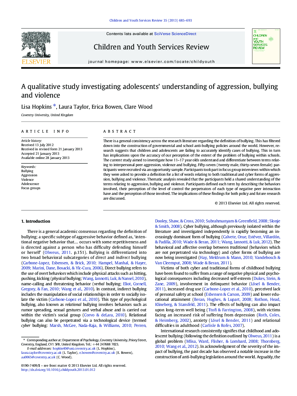 A qualitative study investigating adolescents' understanding of aggression, bullying and violence