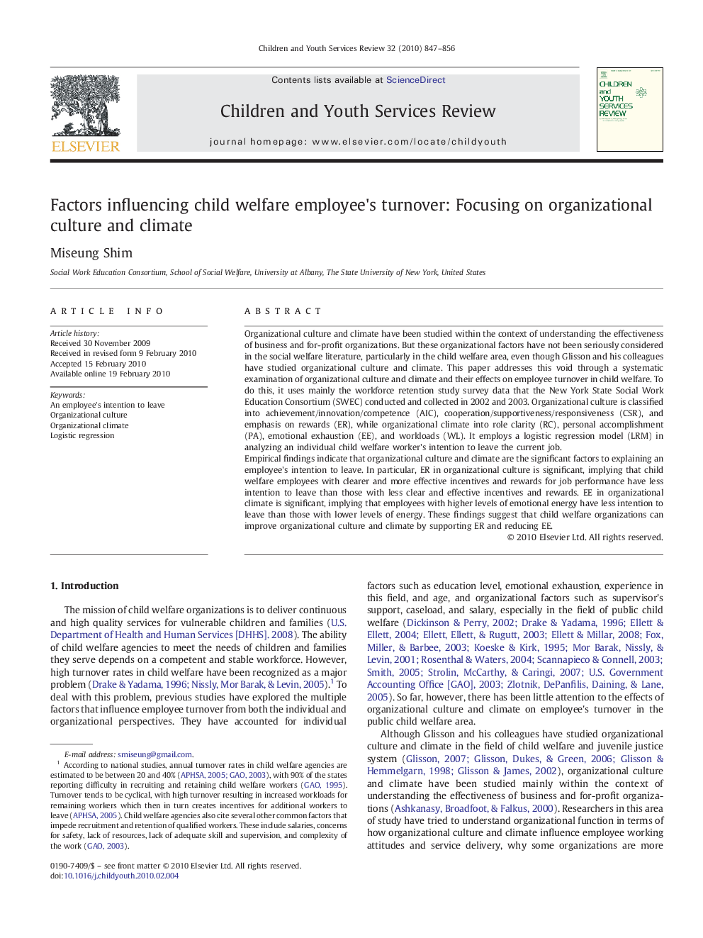 Factors influencing child welfare employee's turnover: Focusing on organizational culture and climate