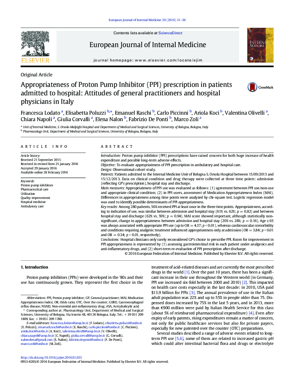 Appropriateness of Proton Pump Inhibitor (PPI) prescription in patients admitted to hospital: Attitudes of general practitioners and hospital physicians in Italy