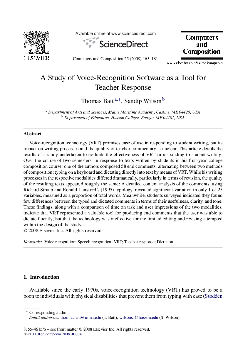 A Study of Voice-Recognition Software as a Tool for Teacher Response