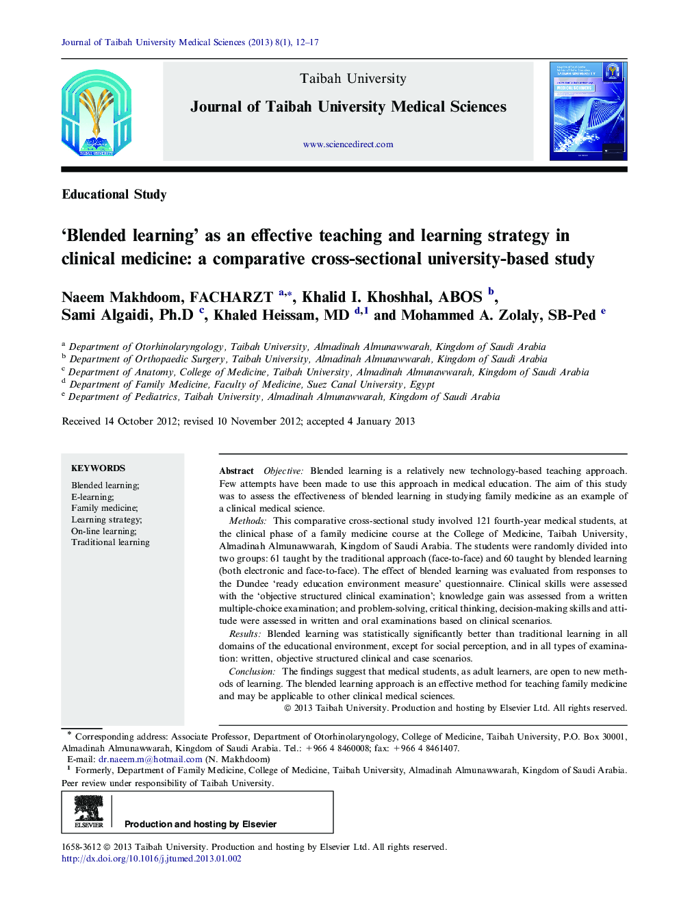 ‘Blended learning’ as an effective teaching and learning strategy in clinical medicine: a comparative cross-sectional university-based study 