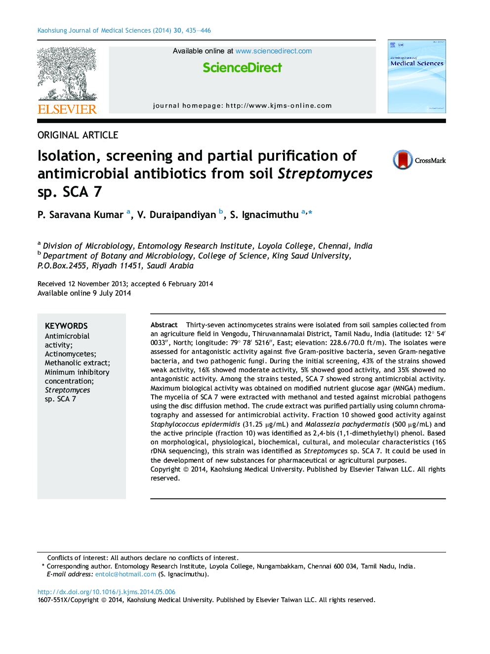 Isolation, screening and partial purification of antimicrobial antibiotics from soil Streptomyces sp. SCA 7 