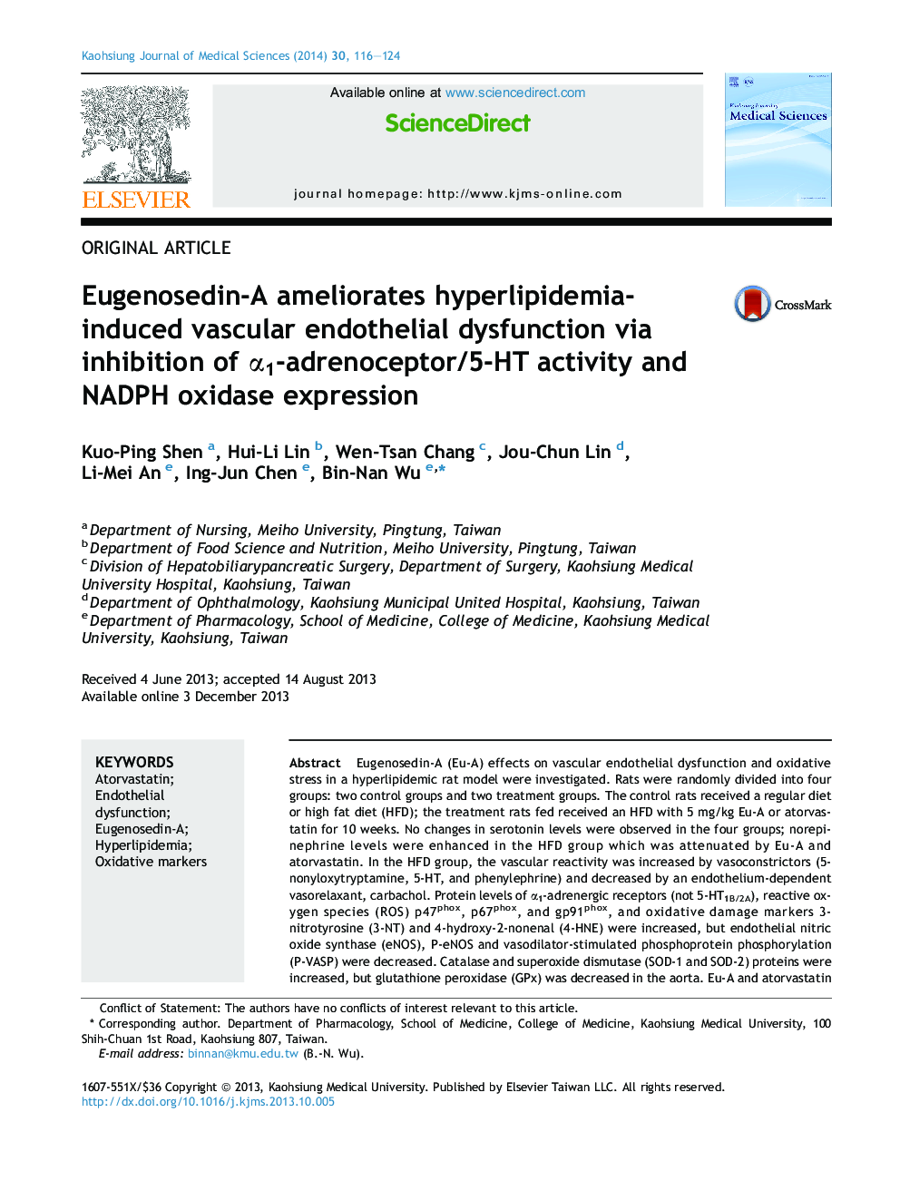 Eugenosedin-A ameliorates hyperlipidemia-induced vascular endothelial dysfunction via inhibition of α1-adrenoceptor/5-HT activity and NADPH oxidase expression 