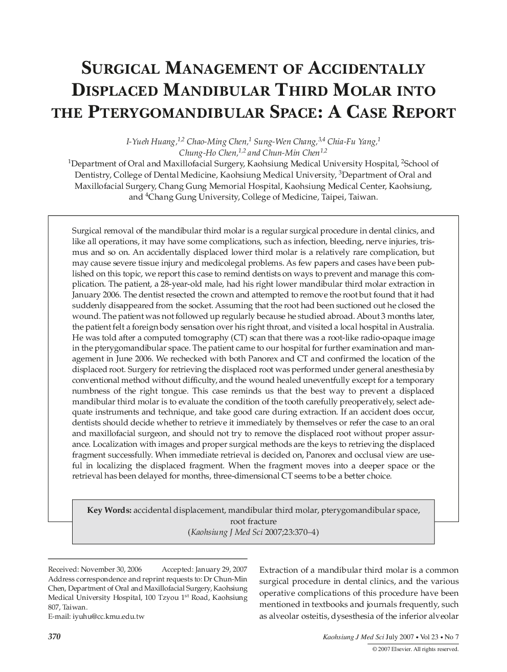 Surgical Management of Accidentally Displaced Mandibular Third Molar into the Pterygomandibular Space: A Case Report