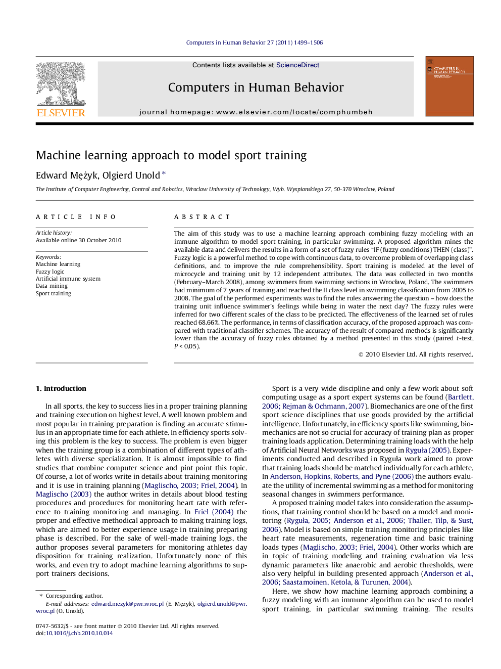 Machine learning approach to model sport training