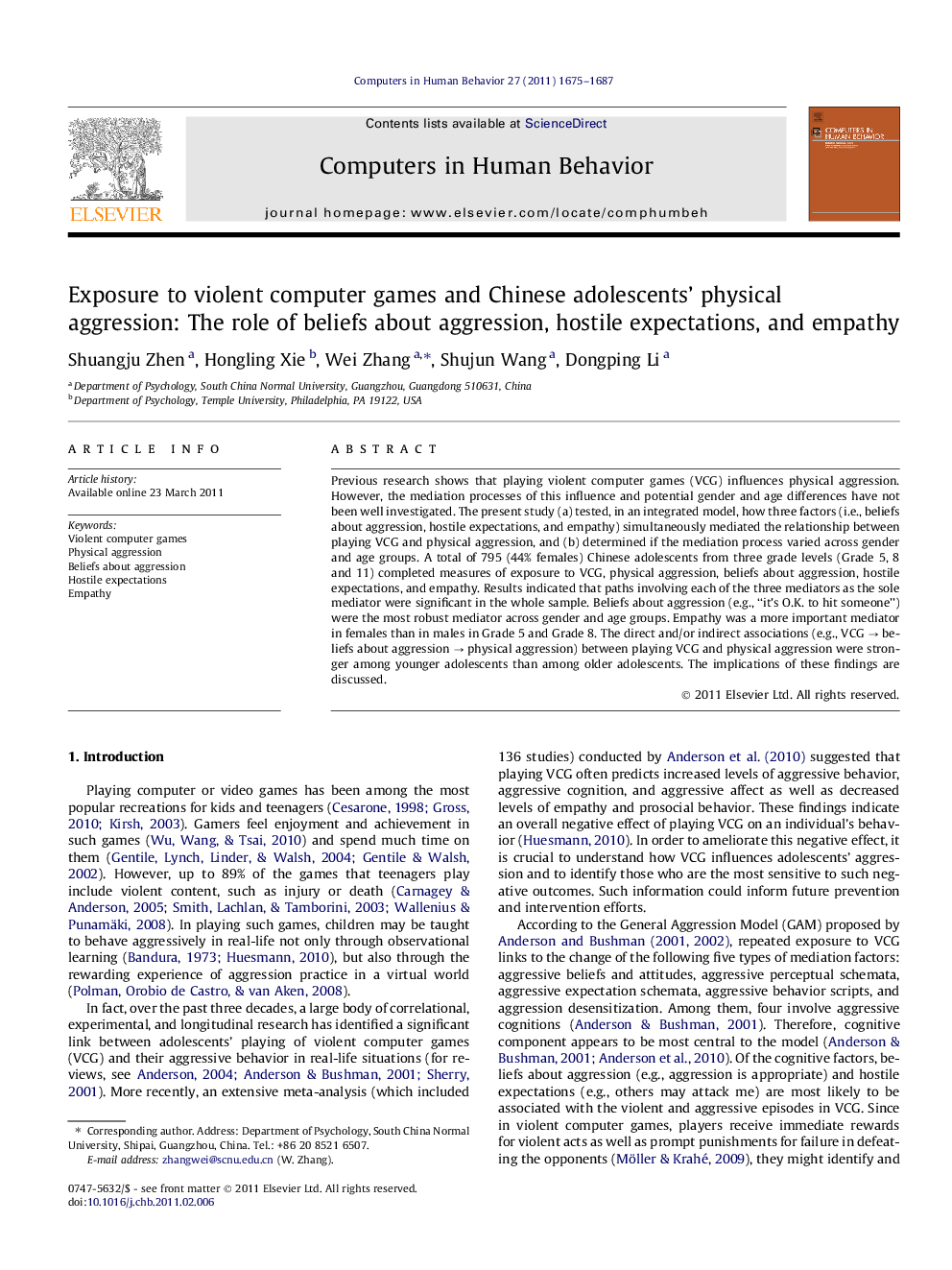 Exposure to violent computer games and Chinese adolescents’ physical aggression: The role of beliefs about aggression, hostile expectations, and empathy