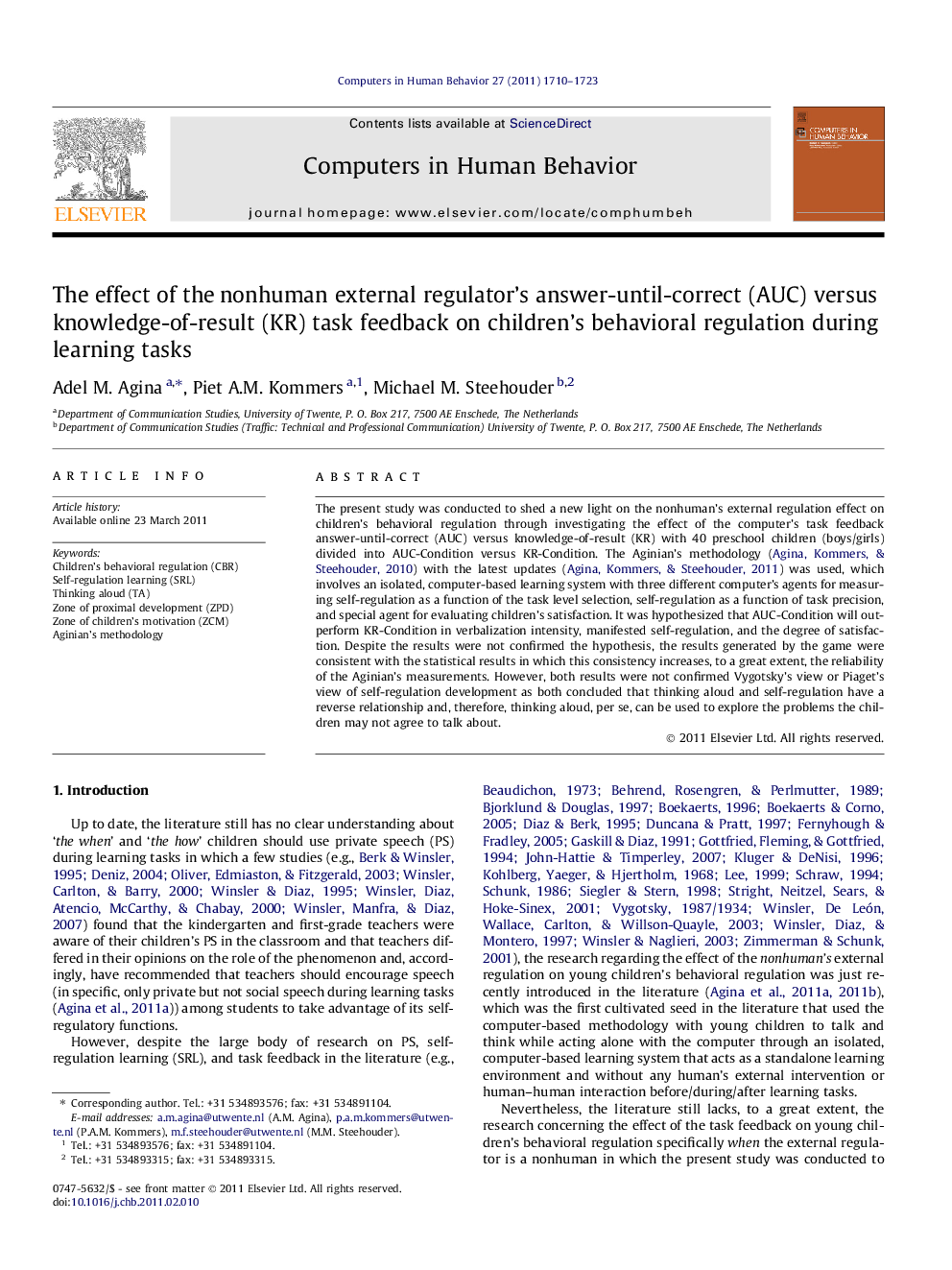 The effect of the nonhuman external regulator’s answer-until-correct (AUC) versus knowledge-of-result (KR) task feedback on children’s behavioral regulation during learning tasks