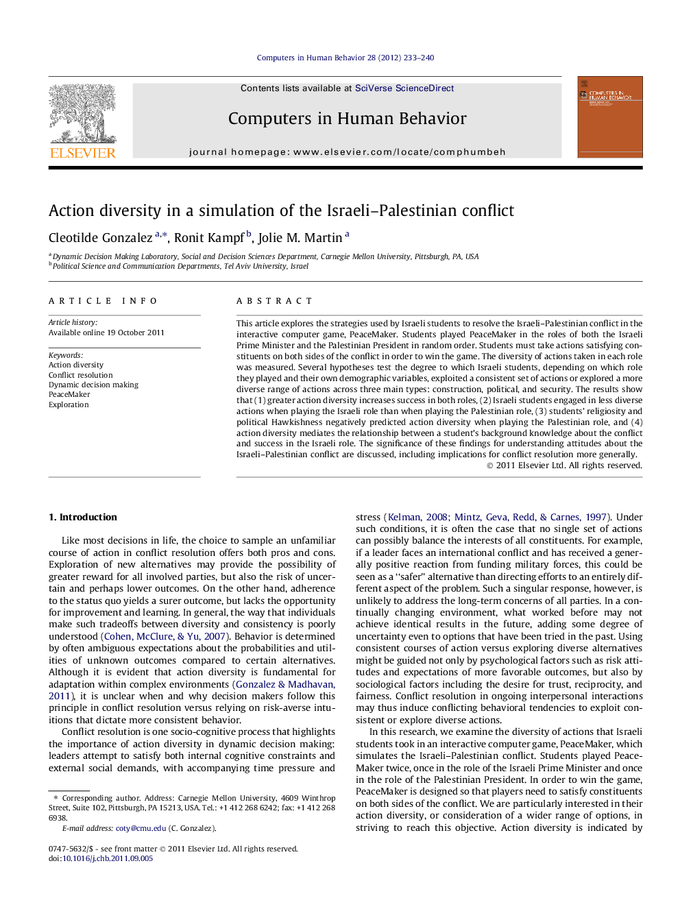 Action diversity in a simulation of the Israeli–Palestinian conflict