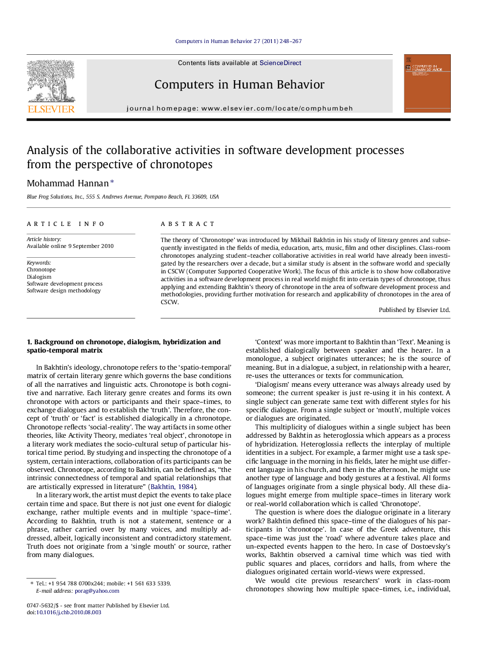 Analysis of the collaborative activities in software development processes from the perspective of chronotopes