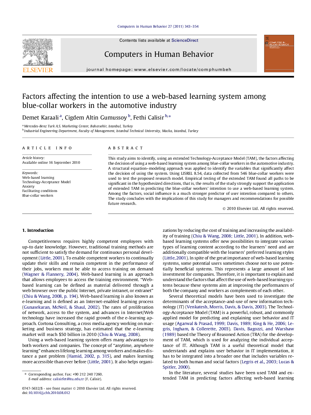 Factors affecting the intention to use a web-based learning system among blue-collar workers in the automotive industry