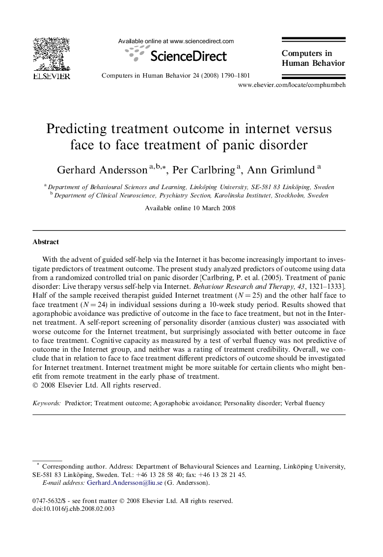 Predicting treatment outcome in internet versus face to face treatment of panic disorder