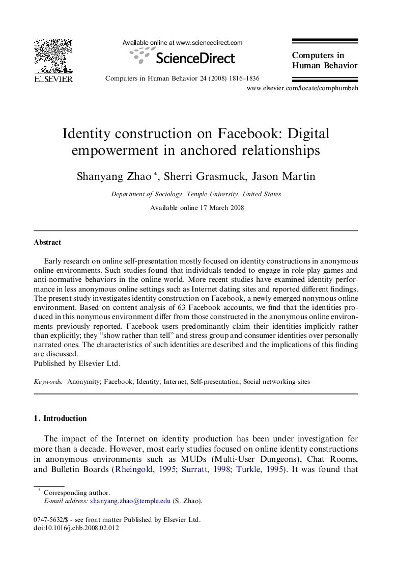 Identity construction on Facebook: Digital empowerment in anchored relationships