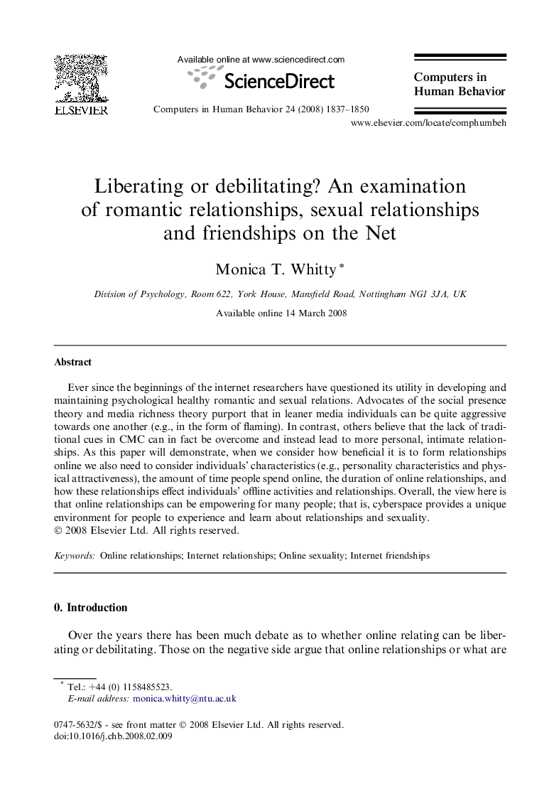 Liberating or debilitating? An examination of romantic relationships, sexual relationships and friendships on the Net