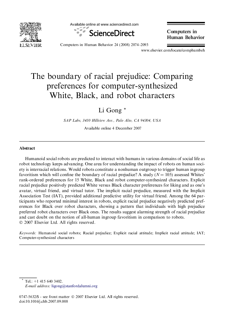 The boundary of racial prejudice: Comparing preferences for computer-synthesized White, Black, and robot characters