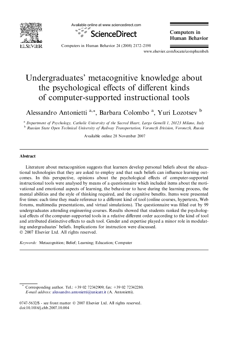 Undergraduates’ metacognitive knowledge about the psychological effects of different kinds of computer-supported instructional tools