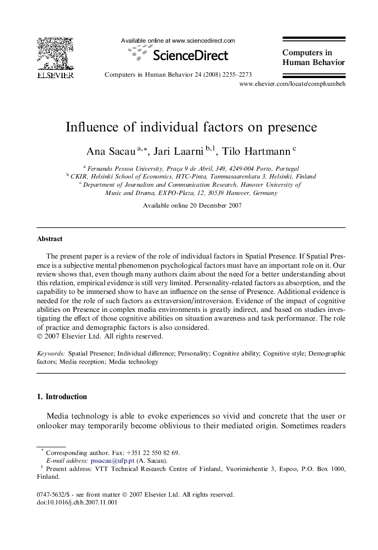 Influence of individual factors on presence