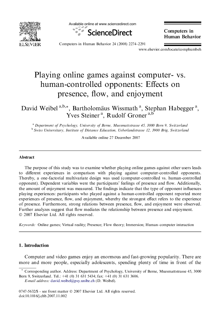 Playing online games against computer- vs. human-controlled opponents: Effects on presence, flow, and enjoyment