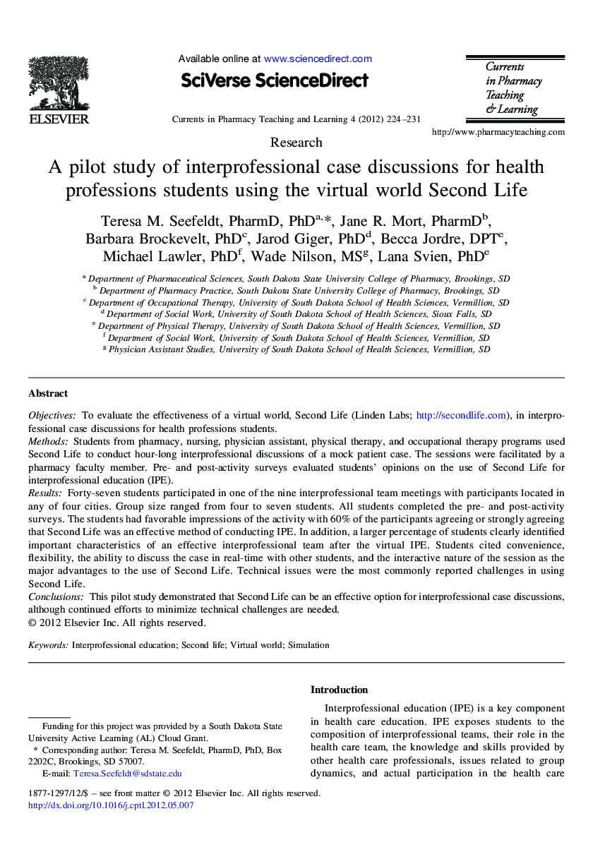 A pilot study of interprofessional case discussions for health professions students using the virtual world Second Life 