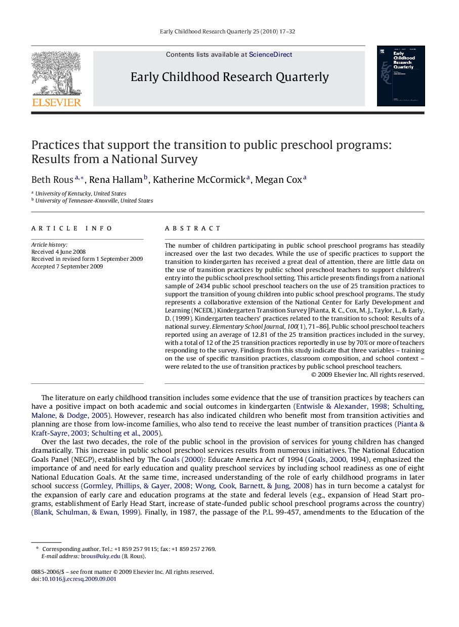 Practices that support the transition to public preschool programs: Results from a National Survey