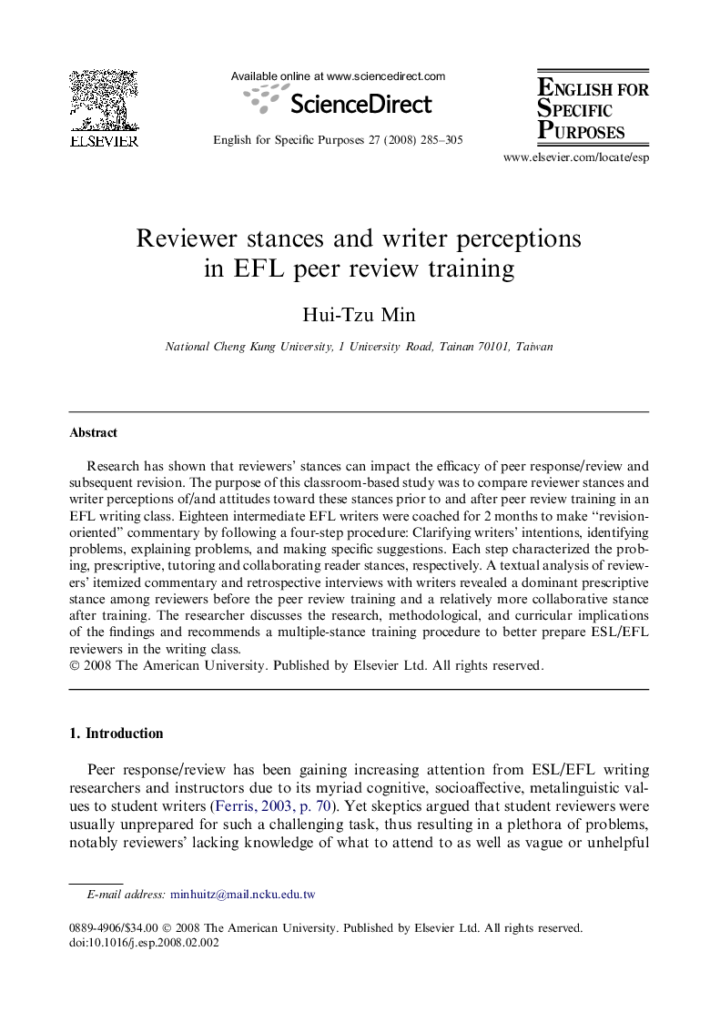 Reviewer stances and writer perceptions in EFL peer review training