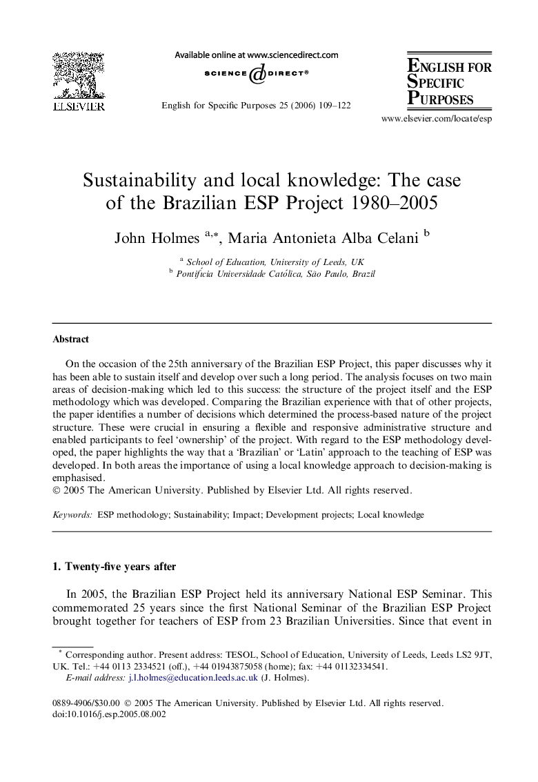 Sustainability and local knowledge: The case of the Brazilian ESP Project 1980–2005