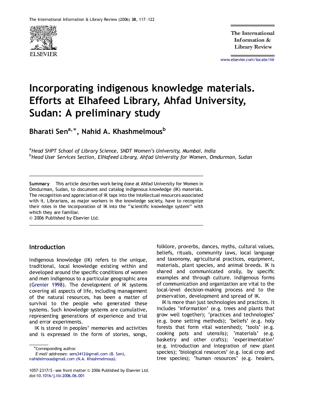 Incorporating indigenous knowledge materials. Efforts at Elhafeed Library, Ahfad University, Sudan: A preliminary study