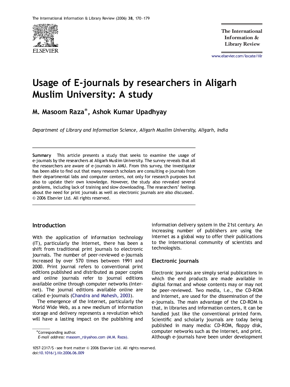 Usage of E-journals by researchers in Aligarh Muslim University: A study